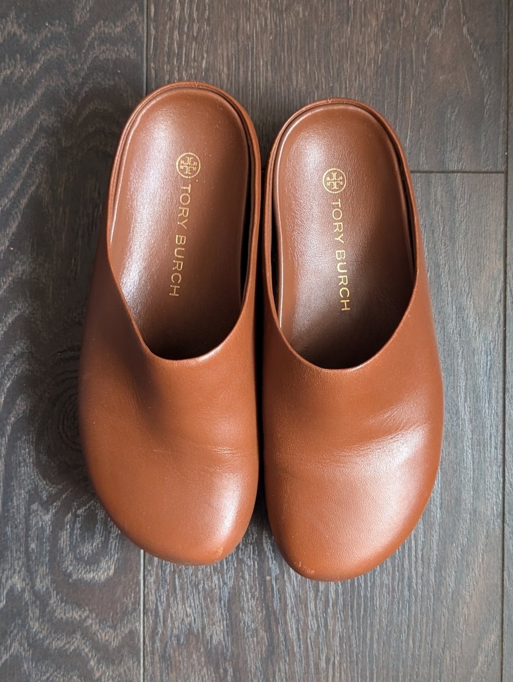 Tory Burch Brown Leather Clog Mules With Gold Medallion Studs